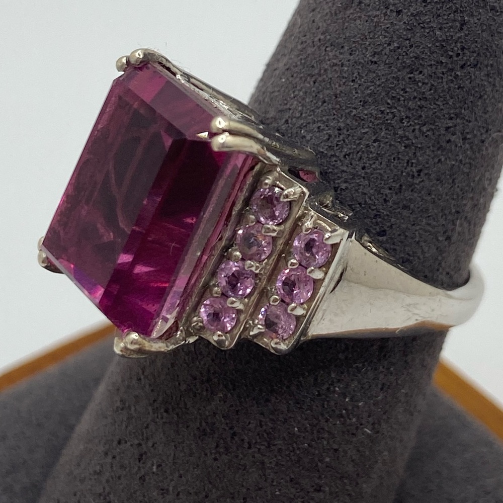 Sterling Silver Lab Created Pink Sapphire Emerald Cut Ring • Sz 8